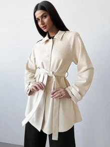 Firerie 女士优雅简约休闲通勤老款腰带高腰口袋 A 字卡其色夹克，秋冬 - 卡其色 - 查看 4