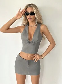 SHEIN ICON 2pcs/Set Solid Color Backless Deep V Butterfly Decor Tank Top And Ultra-Low Waist Bodycon Pencil Skirt - Grey - View 2