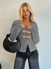 Aloruh Chaqueta tipo cárdigan de mujer con cinturón para otoño/invierno - Gris Oscuro - Ver 3