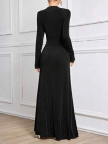 Modelyn Women's Extra Long Modest Ruched Elegant Knit Dress Long Evening Dresses - Black - View 2