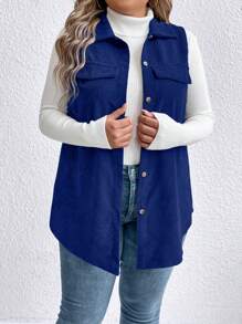 SHEIN LUNE Jaket Kasual Tanpa Lengan Kancing Tunggal Warna Polos Ukuran Plus untuk Wanita Musim Gugur - Royal Blue - View 5