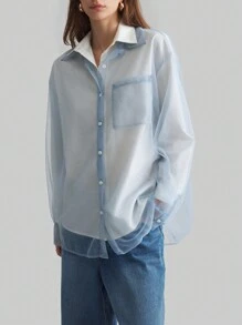 Ontre Áo sơ mi lưới xanh bốn mùa dành cho nữ, áo sơ mi rộng rãi thời trang và đa năng, món đồ kết hợp hoàn hảo - Màu xanh nhạt - Xem 6