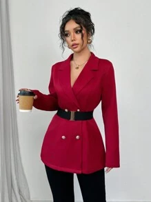 Elenzga Women's Commute Minimalist Lapel Collar Double Breasted Long Sleeve Blazer Jacket For New Year Clothes Fall Cloth For Women - Red - View 6