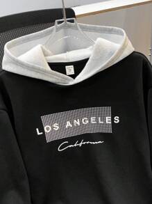 SHEIN Teen Boys' Casual Color Block Sweatshirt With English Graphic Print, Warm Fleece Pullover, Versatile For Daily Wear, Autumn/Winter - Black - View 4