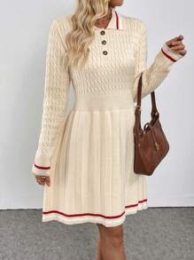 Chiquease Abito-maglione da donna con colletto a contrasto, in vita drappeggiato, gonna plissettata, autunno/inverno - Albicocca - Visualizzare 6