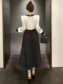 DAZY Vestido de mujer con cuello en V, recorte de color block y largo hasta la pantorrilla, vestido de manga larga para otoño