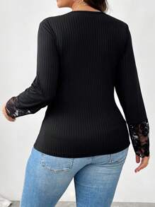 SHEIN Clasi Women's Sexy V-Neck Lace Patchwork Slim Fit Base Layer T-Shirt, Black