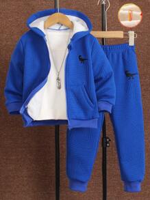 SHEIN 2 件装小男孩可爱刺绣恐龙印花拉链连帽夹克和裤子套装，休闲街头滑板舒适保暖服装，适合秋冬季 - 藍色 - 查看 8