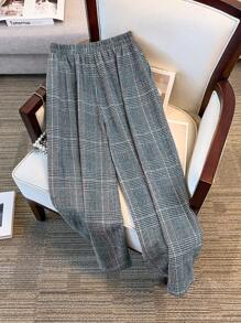 SHEIN LUNE 大码女式松紧腰休闲格子印花直筒裤 - 彩色 - 查看 2