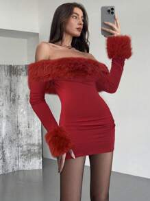 Aloruh 现代街头露肩长袖罗纹针织修身女式迷你连衣裙 - 紅色 - 查看 2