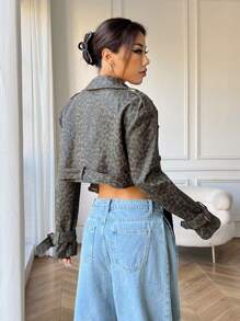 SHEIN EZwear Women's Autumn Leopard Print Lapel Collar Long Sleeve Short Fashionable Trench Coat