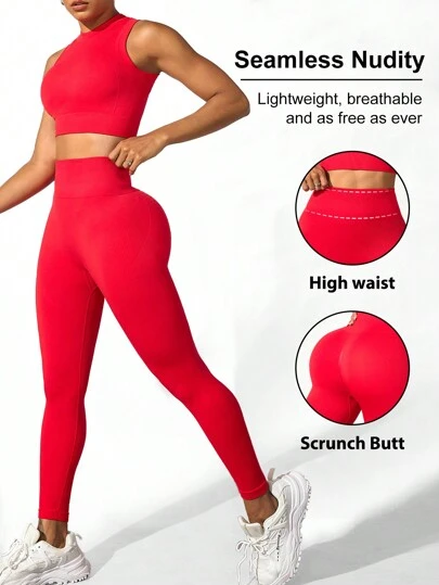Core Rhythm Women Solid Color Seamless Crew Neck Sleeveless Top And Long Pants Sports Set Gym Set For Chinese New Year