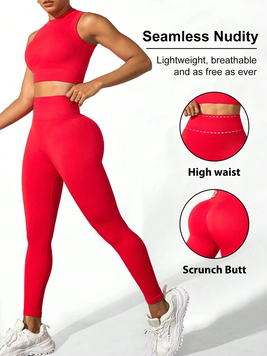 Core Rhythm Conjunto deportivo de top sin mangas de cuello redondo y pantalones largos de unicolor sin costuras para Año Nuevo Chino - Rojo - Ver 1