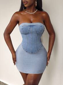 Slaydiva 女士牛仔抹胸连衣裙，紧身性感简约休闲日常穿着 - 藍色 - 查看 3