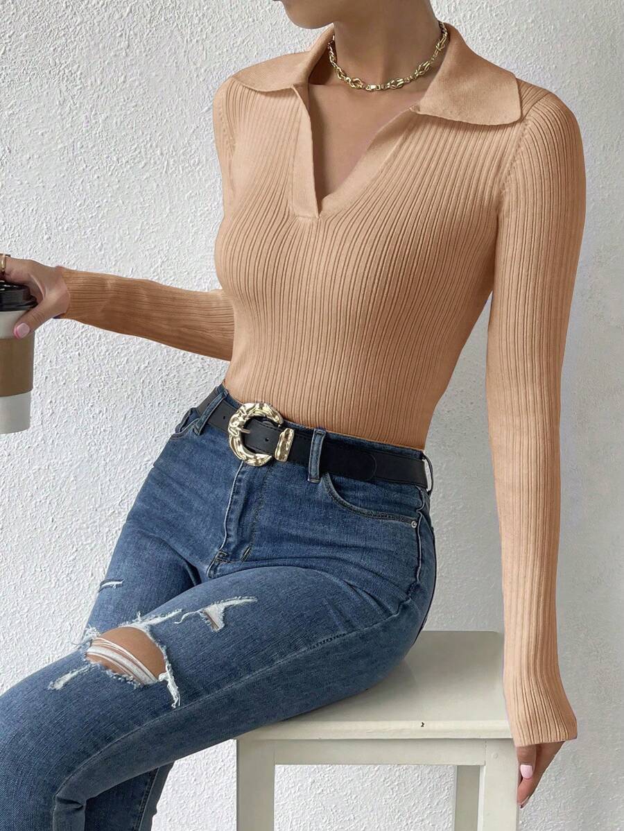 SHEIN Unity 1 pieza Suéter de mujer de unicolor de manga larga, ajustado y con textura, suéter de punto de otoño/invierno - Camel - Ver 1