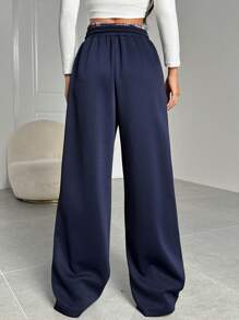 Chiquease Europäisch-amerikanische Mode Patchwork karierte Hüft-Loose Bequeme Weit geschnittene Hose - marineblau - Übersicht 2