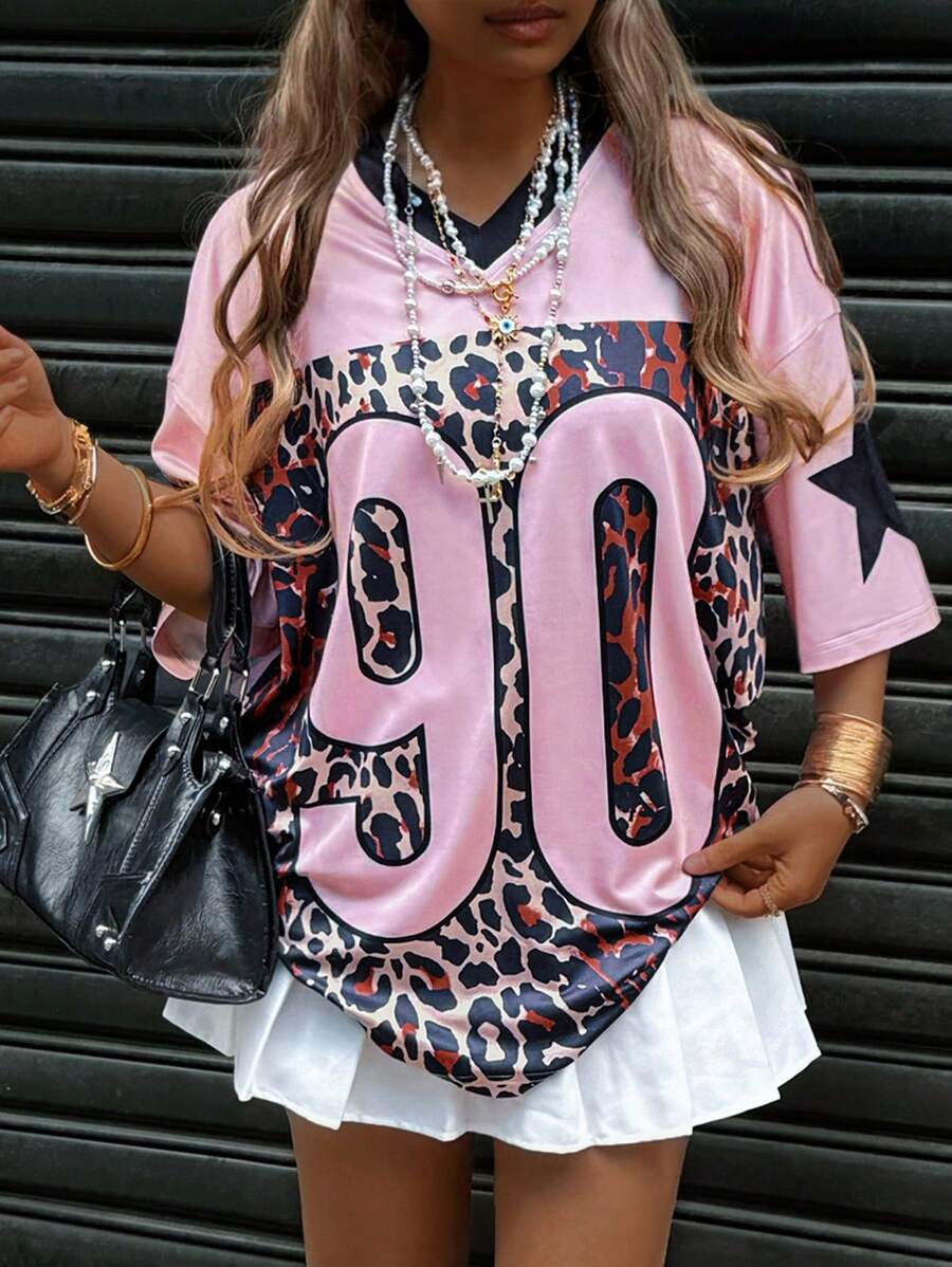 INAWLY 女式豹纹花卉印花 V 领落肩休闲 T 恤图案猎豹印花 T 恤女式上衣