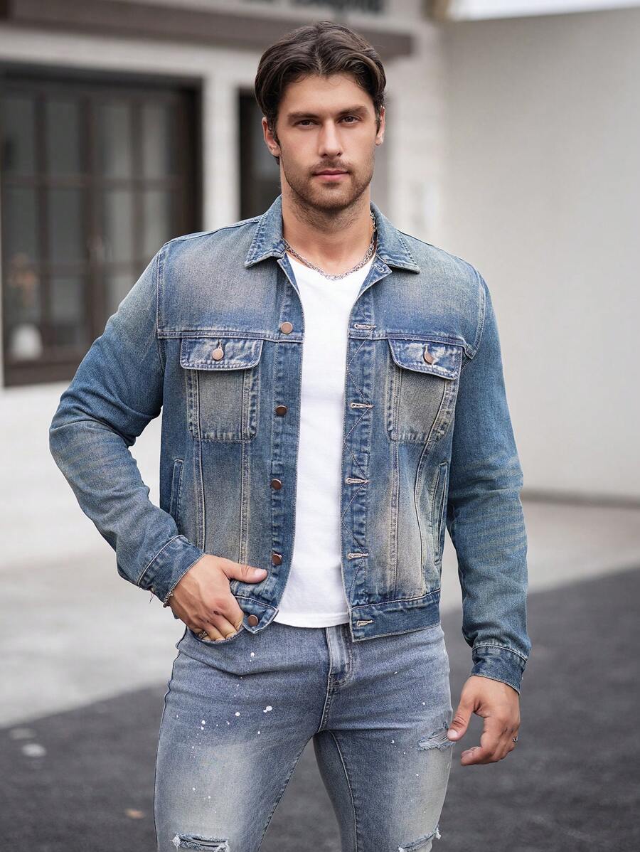 Manfinity Homme Men's Autumn Long Sleeve Pocket Turndown Collar Washed Denim Jacket - Dark Wash - View 1