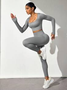 Easithlete Bộ đồ thể thao 2 món áo thun dệt kim dài tay tập yoga mùa đông cho nữ và quần legging - Nhiều màu - Xem 5