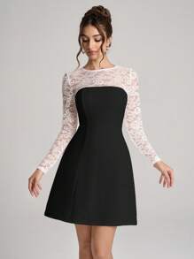 SHEIN Belle 女士正式晚礼服，时尚秋冬宴会聚会名媛优雅日常穿着弹力面料紧腰舞会礼服，婚礼宾客礼服 - 黑色 - 查看 4