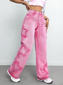 SHEIN Tall Women's Jeans Raw Edge Star Pattern Denim Blue Loose Straight Leg Pants Back To School Fall Women Clothes Women Bottoms Mid Rise Jeans Straight Leg Jeans Y2k Jeans Straight Jeans First Day Of School Women Jeans - Pink - View 7