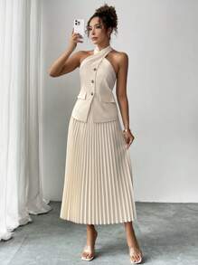 SHEIN Unity 2pcs Set: Criss-Cross Halter Vest Top With Classic Pleated A-Line Skirt - Apricot - View 3