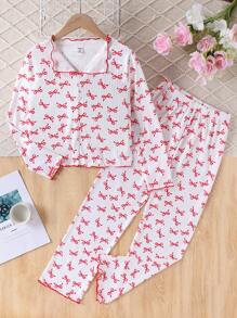 SHEIN 2pcs/Set Girls Cherry Print Casual Cute Half Button Cardigan Shirt And Pants Home Wear Suit - Red and White - View 1