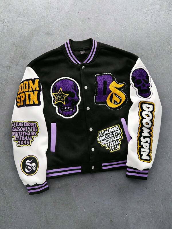Manfinity Streetrush Men's Youthful Streetwear INS Black And Purple Color Scheme Skull Gothic Font 3D Embroidery Multi-Element Printed Baseball Collar Jacket , Fall And Winter Men Rapper Going Out Fashion Graphic Baseball Long Sleeve Rave Color Block Jacket, For Friends, Husband, Boyfriend Gifts