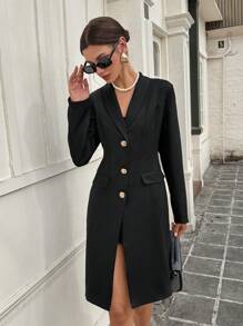 Chiquease Women's Decorative Button Shawl Collar Long Blazer With Pockets - Black - View 1