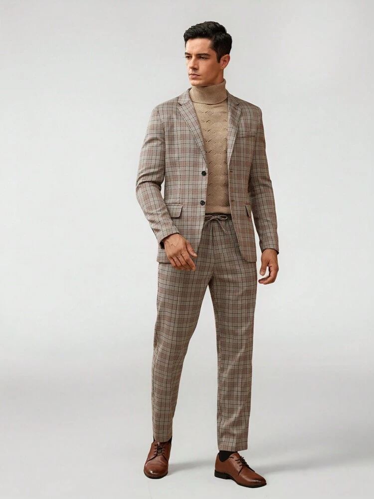 Men Plaid Single Breasted Blazer & Pants Set