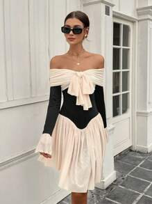 Chiquease Fashionable Sexy Alluring Color Block Off-Shoulder Dress Mini Short Women Outfit - Black - View 4