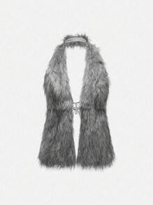 ROMWE Grunge Punk Milenium Y2K Halter Neck Sexy Vintage Fur Collar Cross Pendant Tank Top For Women