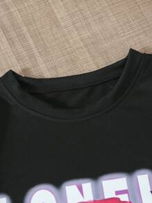 SHEIN 2pcs/Set Teenage Boys' Fashion Street Style Casual Short Sleeve T-Shirt And Flare Leg Printed Pants, Suitable For Spring/Summer - Black - View 3