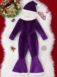 SHEIN 女童天鹅绒长袖圆领连体裤，红色，配黑色缎带腰带装饰，修身喇叭裤型，隐形拉链，附赠圣诞帽，适合冬季圣诞假期穿着 - 紫色 - 查看 2