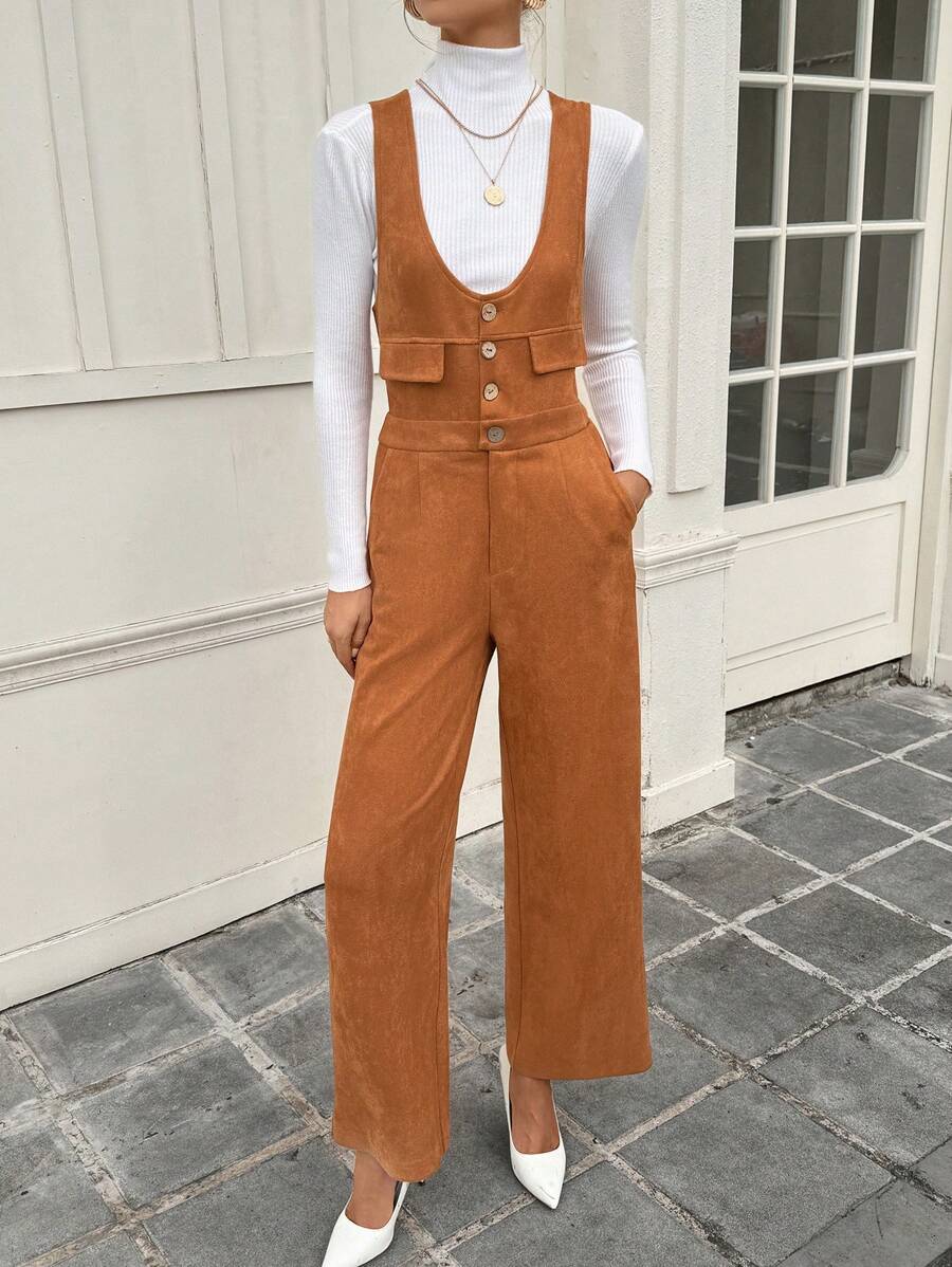 SHEIN Unity Women's Casual Solid Color Faux Suede Sleeveless Jumpsuit, Versatile For Autumn/Winter - Brown - View 1