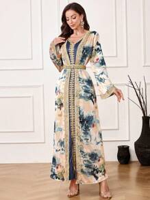 Al Najma 女式优雅花卉印花拼布阿拉伯连衣裙，秋季，朴素的长袍 - 藍色 - 查看 8