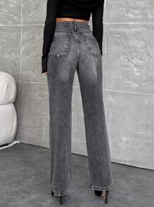 SHEIN Cottnline HIGH RISE STRAIGHT GREY JEAN WITH DIAMOND - Grey - View 2