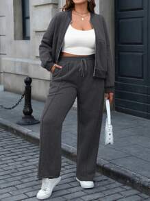 Calvaya 2 件套加大码前拉链长袖上衣和前系带慢跑裤套装