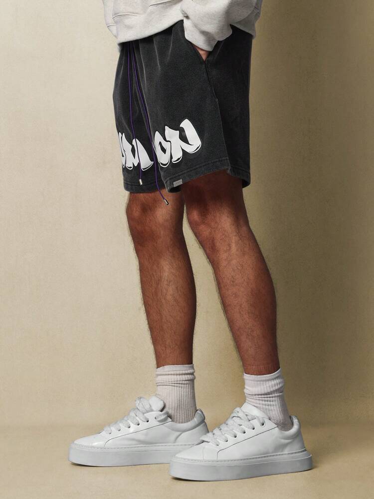 Washed Short With Drawstrings & Graffiti Graphic Print