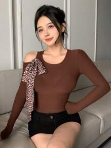 DAZY Women Leopard Print Patchwork Tied Cutout Shoulder Form Fitting Knit Top Cheetah Print Long Sleeve Women Tops - Coffee Brown - View 8