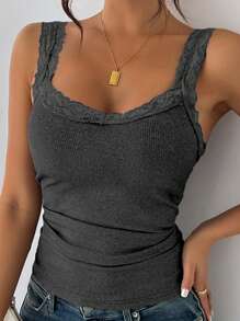 INAWLY Kích thước lớn Màu thuần Ren Vá lại Thon gọn Áo ba lỗ Áo - màu đen - Xem 8