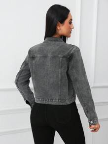 Women Single Breasted Casual Denim Jacket, Versatile For Autumn