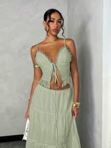 SHEIN BAE Women's Summer Beach Resort Romantic Date Everyday Wear Camisole Lace Splice Tie-Up Top + Low Waist Ruched Long Vacation A-Line Dress, White Linen Fabric Set - Mint Green - View 6