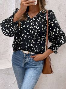 EMERY ROSE Women's Casual Allover Print Puff Sleeve Blouse, Autumn - Black - View 4