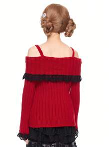 ROMWE Kawaii Women's Open Shoulder Lace & Bow Decorated Long Sleeve Pullover Sweater, Autumn/Winter - Burgundy - View 5