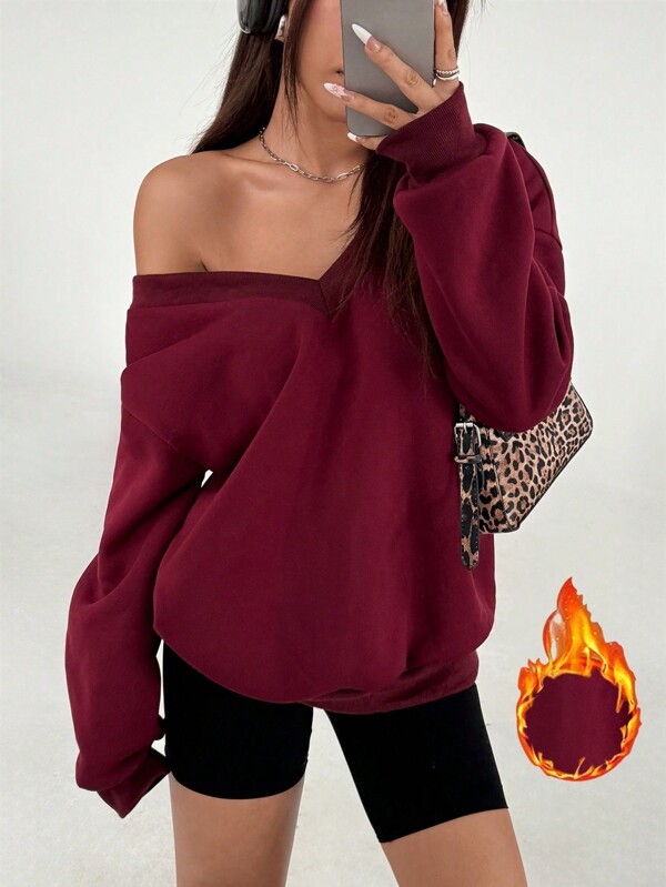 Flirla Casual Sexy Deep V-Neck Lined Warm Sweatshirt