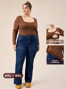 SHEIN BASICS Casual Solid Color Knit Crew Neck Long Sleeve Slim Fit Plus Size T-Shirt