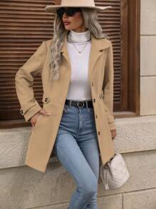 EMERY ROSE Áo khoác cài nút phía trước màu trơn thường ngày cho nữ, mùa thu/đông - Lạc đà - Xem 7