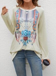 SHEIN LUNE Women's Raglan Sleeve Geometric Print Round Neck Casual Loose T-Shirt, Autumn Graphic Tees Women Tops Fall Cloth For Women - Apricot - View 3
