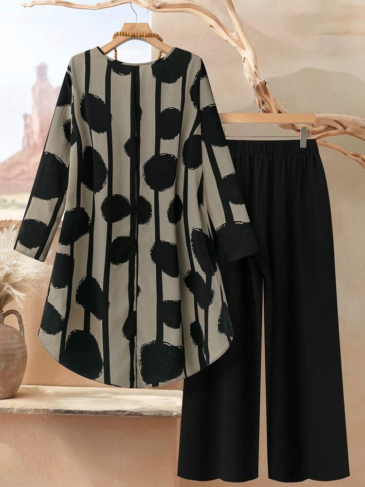 Plus Size Women 2pcs Set Geometric Print Round Neck Long Sleeve Asymmetric Hem Top And Pants, Casual, Winter Set